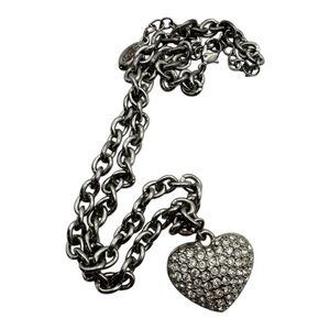 Guess Silver Tone Chunky Chain Necklace w/‎ Pave Rhinestone Heart Pendant